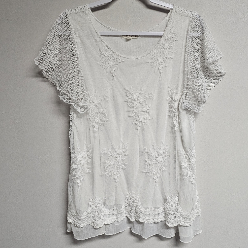 Song N Spirit Cotton Fairy White‎ Crochet Gauzy Blouse TShirt